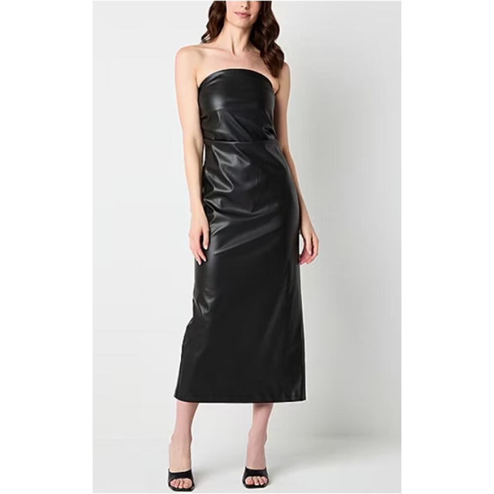 Worthington Womens Black Faux Leather Strapless Midi Dress Size 8 NWT Black